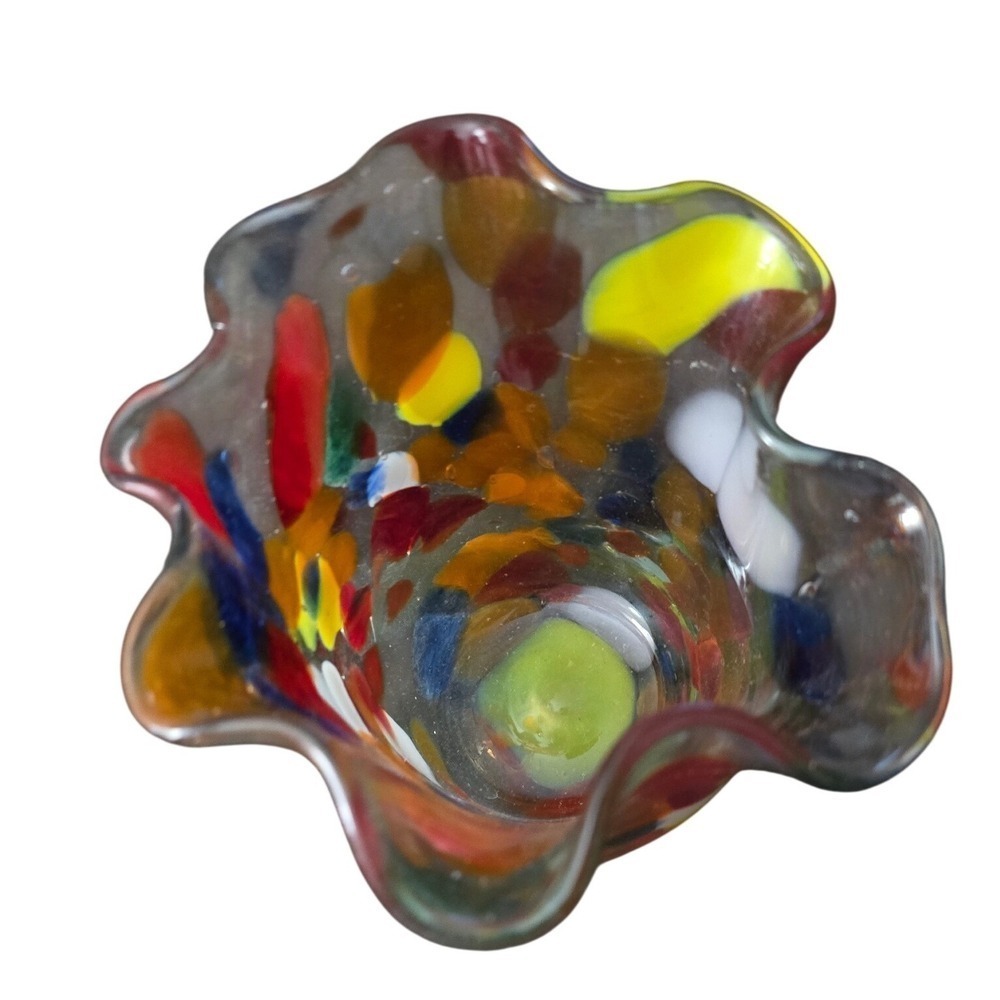 Art Glass Handkerchief Vase Hand Blown‎ Confetti Multi Color Ruffled Rim 4.5in - Picture 2 of 7